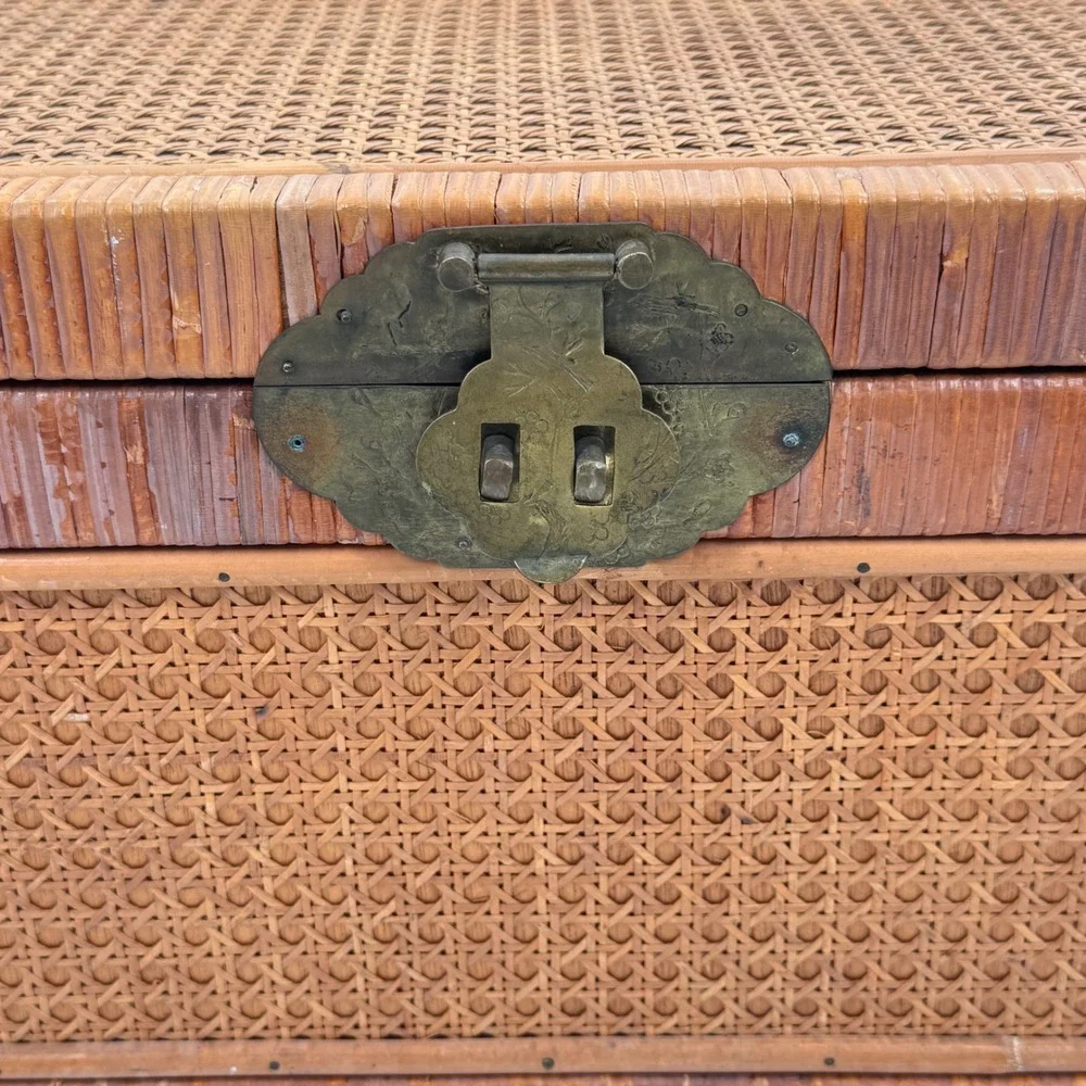 Vintage Chinese Cane & Rattan Storage Trunk Brass Hardware 27